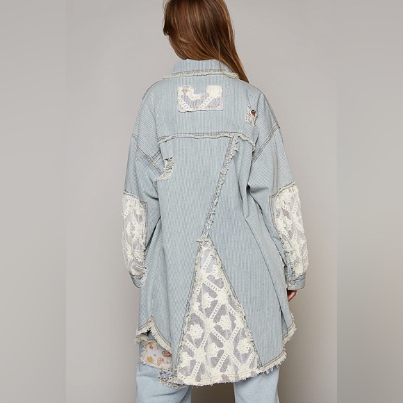 POL Lace & Crochet Patch Relaxed Fit Striped Denim Shacket, Size Medium - Picture 4 of 16
